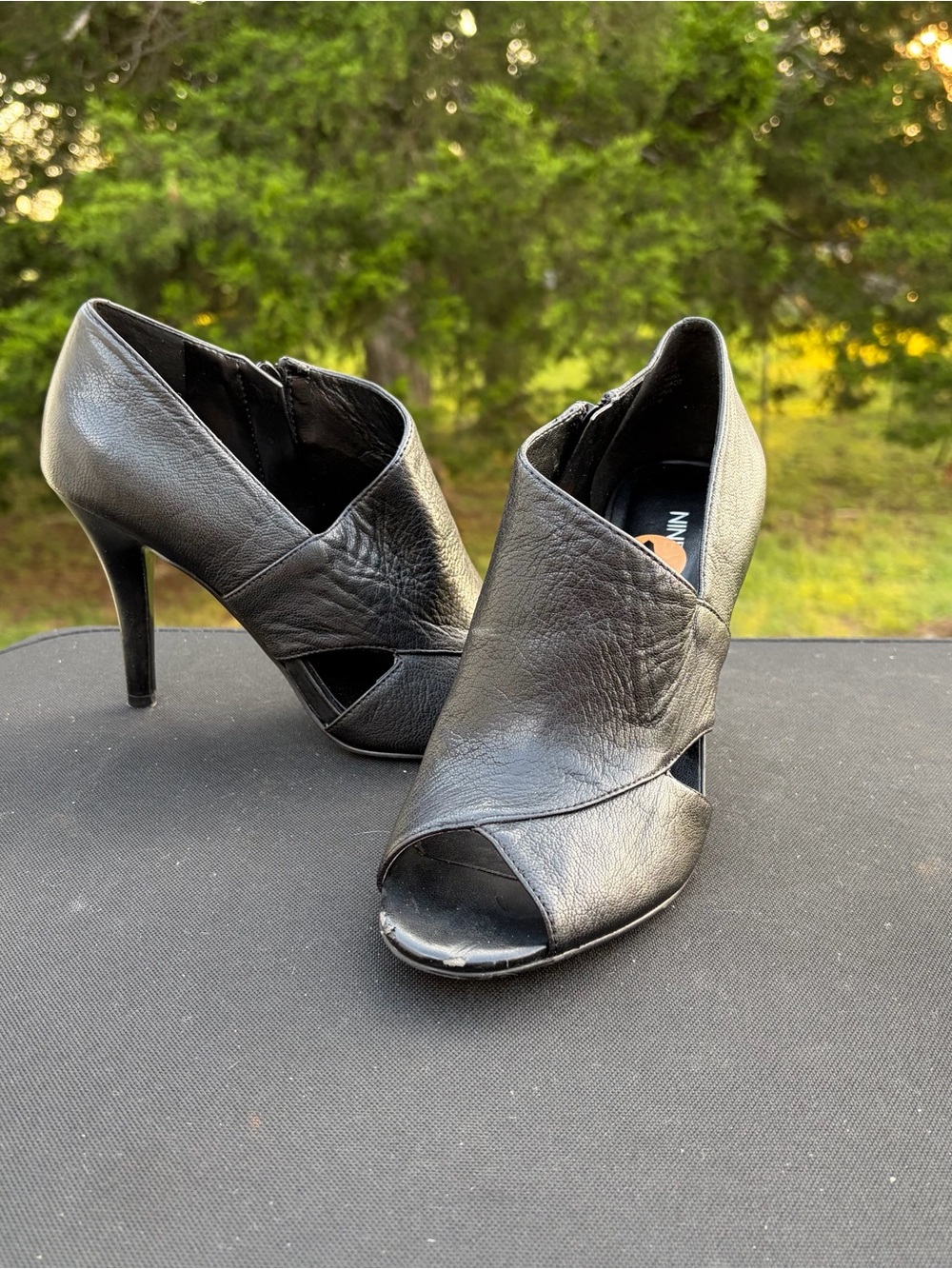 Nine West Black Leather Open-Toe Stiletto Booties Sz 7 see pics for condition